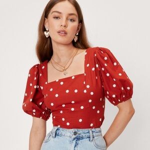 Nasty Gal Red Puff Sleeve Crop Blouse